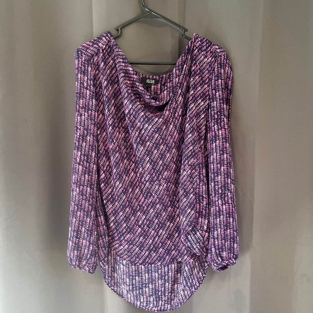 A.N.A. Purple Cowl Neck Long Sleeve Cut Out Top New With Tags Size L